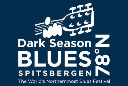 Logo2 til spitsbergen bluesfestival 2010. Mann med gitar på kull. landskap med is, fjordis, isbre fjord og snø, vinter kyst på svalbard.