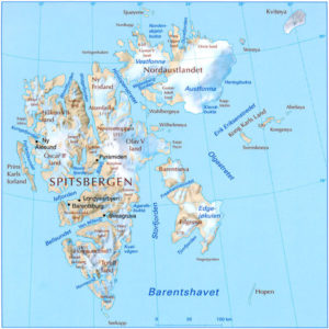 Svalbard kart, map. Svalbard består av øyene Spitsbergen, Nordaustlandet, Edgeøya, Barentsøya og Prins Karls Forland, Hopen, Bjørnøya