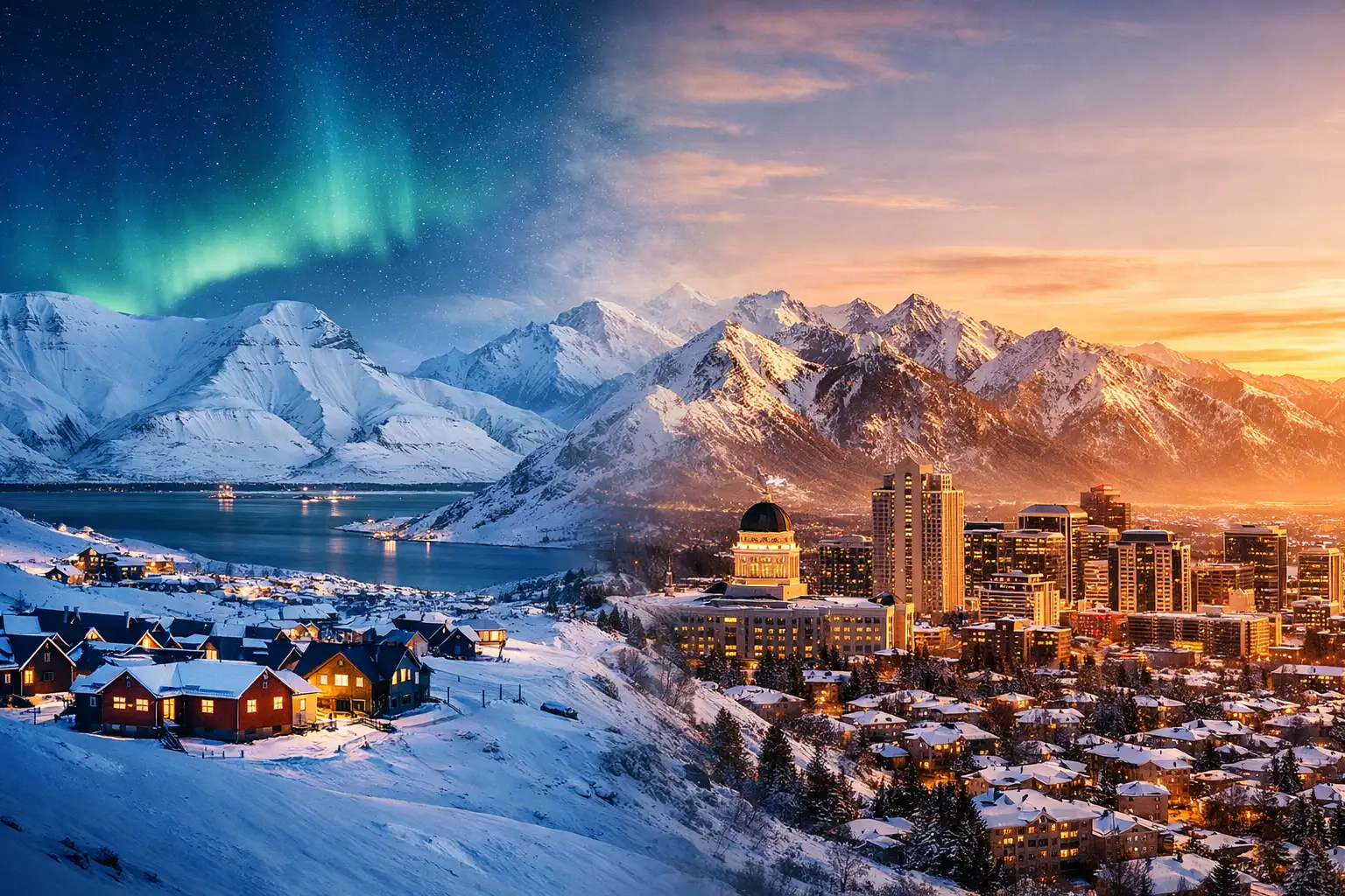 A split-screen landscape showing the blue polar night of Longyearbyen, Svalbard on the left, and the golden, snow-capped Wasatch Mountains of Salt Lake City, Utah on the right, blended in the center.